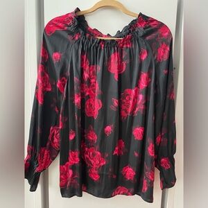 Talbots Elegant Black Blouse with Red Floral Design